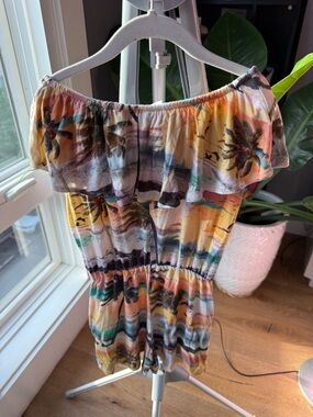 Molo Girls Off-Shoulder Tropical One-Piece Romper - Yellow, Teal, Black